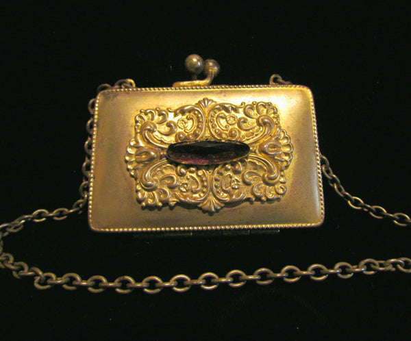 Victorian Gold Compact & Change Purse Antique Chatelaine Card Case Wristlet Purse