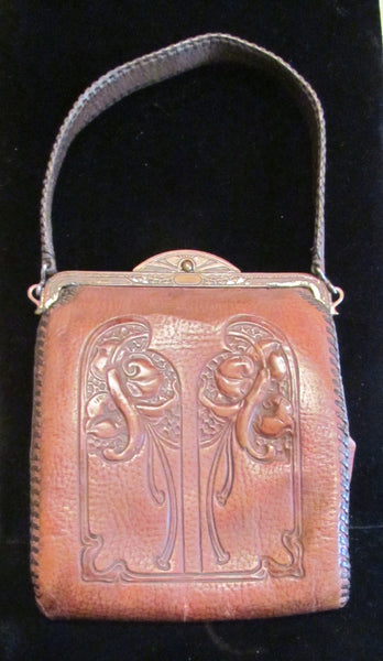 1910's Leather Purse Tooled Handbag Art Nouveau Purse Vintage Purse Antique Leather Handbag