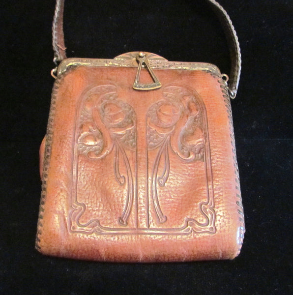 1910's Leather Purse Tooled Handbag Art Nouveau Purse Vintage Purse Antique Leather Handbag