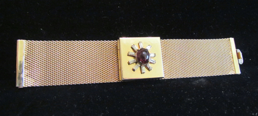 Gold Mesh Rhinestone Compact Bracelet Amethyst Stone 1950's RARE