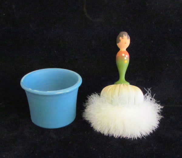 1940s Goose Down Powder Puff Jar Figural Doll Handle Vintage Powder Box Swan Powder Puff RARE