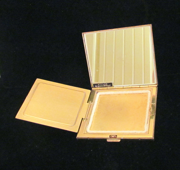 1950s Schildkraut Rhinestone Compact Gold Powder & Mirror Compact Bling Excellent Condition