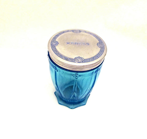 Karess Woodworth Cold Cream Jar Blue Glass 1920s Vintage Vanishing Cream Rare