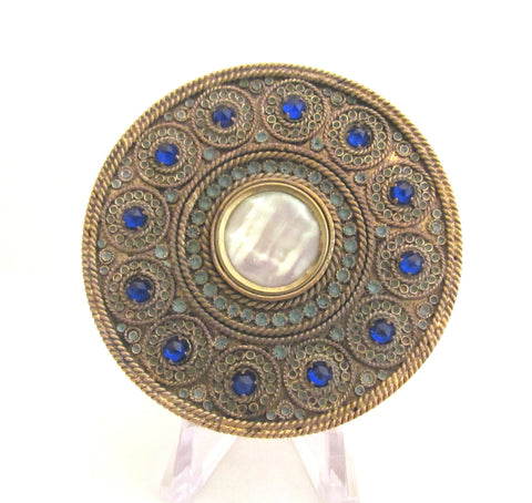 Gold French Compact Mother Of Pearl Blue Stones 1800s Antique Powder Rouge Compact RARE