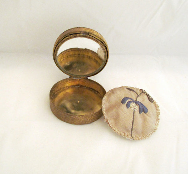 Gold French Compact Mother Of Pearl Blue Stones 1800s Antique Powder Rouge Compact RARE