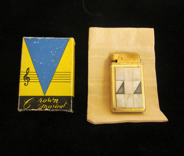 Musical Mother Of Pearl Lighter 1950's Gold Cigarette Lighter Crown Novelty Music Original Box Working