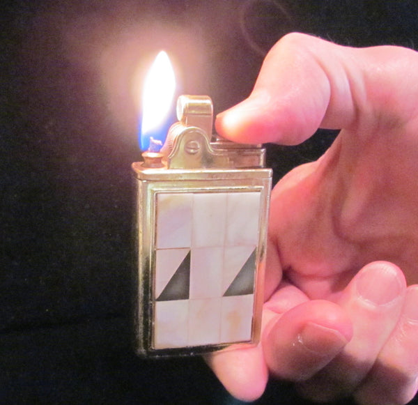 Musical Mother Of Pearl Lighter 1950's Gold Cigarette Lighter Crown Novelty Music Original Box Working