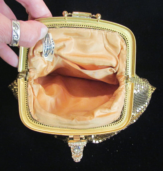 Whiting & Davis Mesh Purse Gold Rhinestone Vintage Wristlet Purse Wedding Purse Bridal EXCELLENT CONDITION