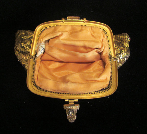 Whiting & Davis Mesh Purse Gold Rhinestone Vintage Wristlet Purse Wedding Purse Bridal EXCELLENT CONDITION