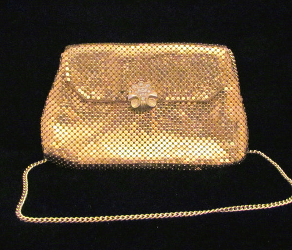 1930s Whiting & Davis Gold Mesh Purse Rhinestone Clasp Shoulder Bag Or Clutch Purse