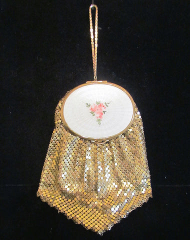 Evans Gold Mesh & Guilloche Wristlet Purse Handbag Vintage Powder Compact Bag