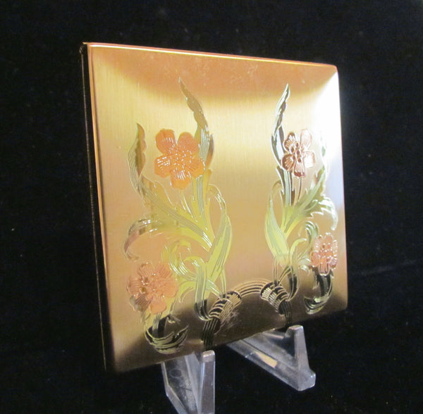 1940's Elgin American Gold Compact Poppy Powder Mirror Excellent Condition