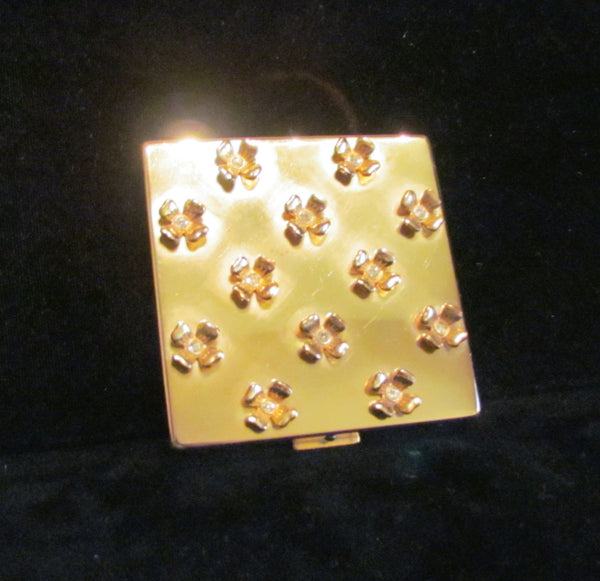 Paul Flato Rhinestone Dogwood Compact Powder & Mirror Gold Plated 1940's Excellent