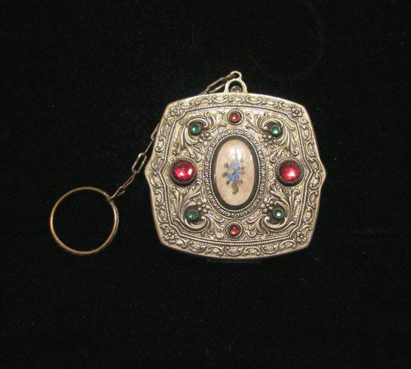 Victorian Jewel Compact Purse May Fair Silver Guilloche Red & Green Stones Finger Ring