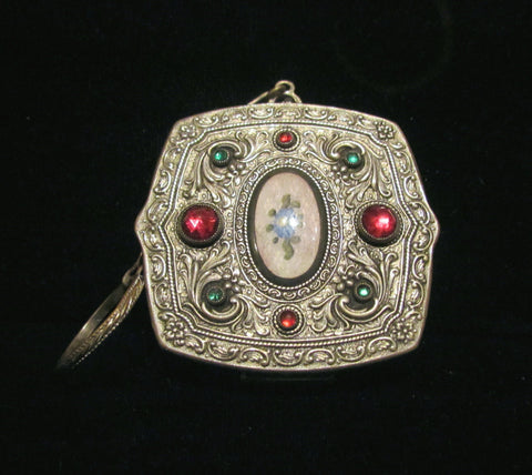 Victorian Jewel Compact Purse May Fair Silver Guilloche Red & Green Stones Finger Ring