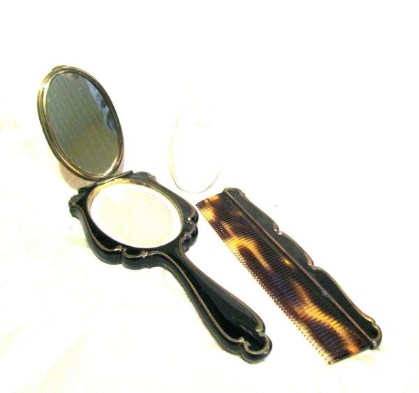 1930s Mirror Compact Comb Set Black Enamel Moire Holder Hand Held Compact Mirror UNUSED EXTREMELY RARE