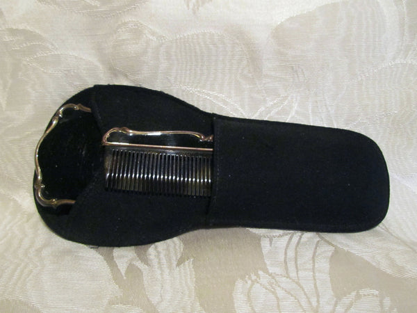 1930s Mirror Compact Comb Set Black Enamel Moire Holder Hand Held Compact Mirror UNUSED EXTREMELY RARE