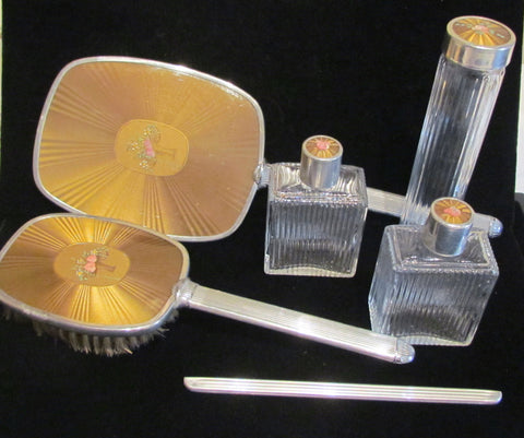 1930's Celluloid Guilloche Vanity Dresser Set Mirror Brush Comb Perfume Bottles & Accessories Excellent Condition