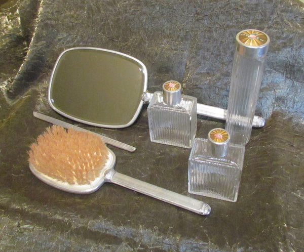 1930's Celluloid Guilloche Vanity Dresser Set Mirror Brush Comb Perfume Bottles & Accessories Excellent Condition