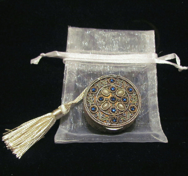 Antique French Gold Compact Blue Rhinestones & Pearls 1800's Powder Mirror Compact Purse Rare