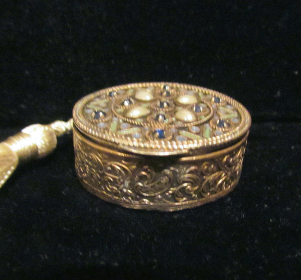 Antique French Gold Compact Blue Rhinestones & Pearls 1800's Powder Mirror Compact Purse Rare