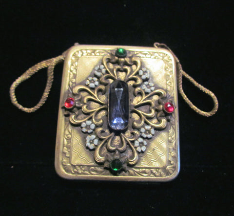 Antique Jeweled Compact Purse 1800's Gold Ormolu Mesh Wristlet Purse Victorian Dance Purse