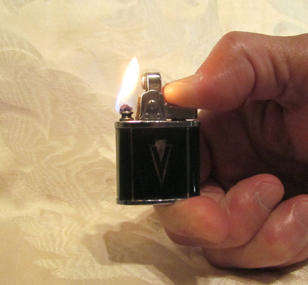 Art Deco Pocket Lighter Continental Silver & Black Enamel 1940's Purse Lighter Excellent Working Condition