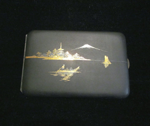 24kt Gold & Sterling Silver Etched Asian Cigarette Case Business Card Case 1930's Matt Black Case Excellent Condition