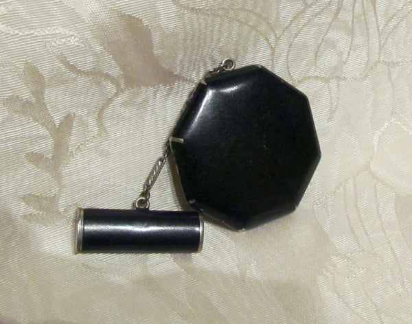 La Mode Tango Compact 1930s Art Deco Black Enamel Powder Rouge & Mirror Lipstick Compact Rare