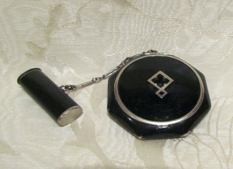 La Mode Tango Compact 1930s Art Deco Black Enamel Powder Rouge & Mirror Lipstick Compact Rare