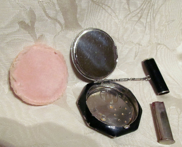 La Mode Tango Compact 1930s Art Deco Black Enamel Powder Rouge & Mirror Lipstick Compact Rare