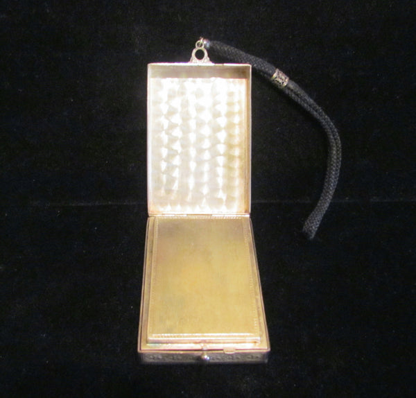 1900s Silver Compact Wristlet Purse Enamel Powder Rouge Lipstick Mirror Dance Purse