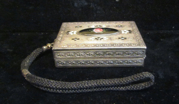 1900s Silver Compact Wristlet Purse Enamel Powder Rouge Lipstick Mirror Dance Purse