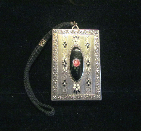 1900s Silver Compact Wristlet Purse Enamel Powder Rouge Lipstick Mirror Dance Purse