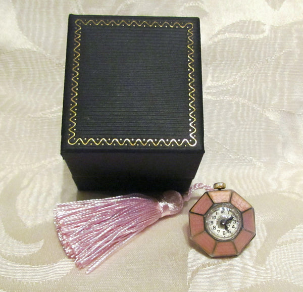 Pink Guilloche & Sterling Silver Watch Fob Art Deco Pendant Chatelaine Goering Swiss Watch 15 Jewel Working Extremely RARE MINT CONDITION