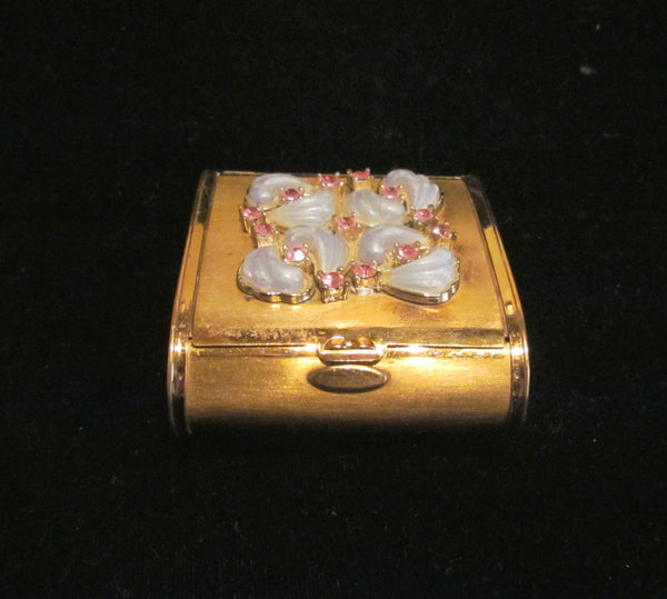 1950s Gold Pillow Powder Compact Pink Rhinestone Vanity Compact UNIQUE