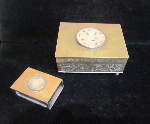 Asian Cigarette Box & Match Box Holder Safe 1950's Brass Tabletop Cedar Lined Case Smokers Gift Set