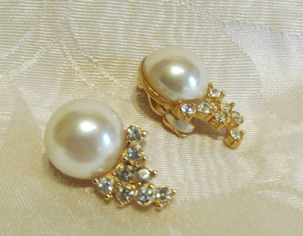 1950s Gold Pearl And Rhinestone Clip On Earrings Bridal Or Wedding