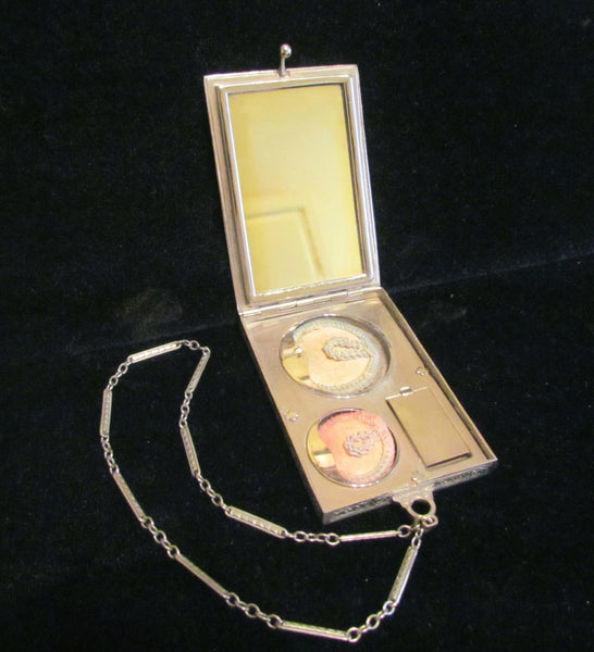 Vintage Silver Compact Purse 1910's Compact Wristlet Purse Mirror Powder Rouge & Lipstick