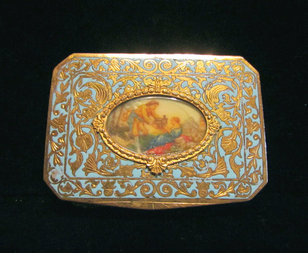 Antique Compact Italian Champleve Enamel Gold Gilt Powder Box Victorian Courting Scene RARE