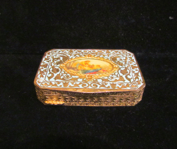 Antique Compact Italian Champleve Enamel Gold Gilt Powder Box Victorian Courting Scene RARE
