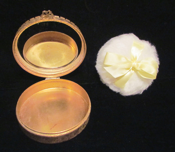 1800's French Ormolu Jeweled Powder Box Vanity Powder Jar Large Compact With Puff