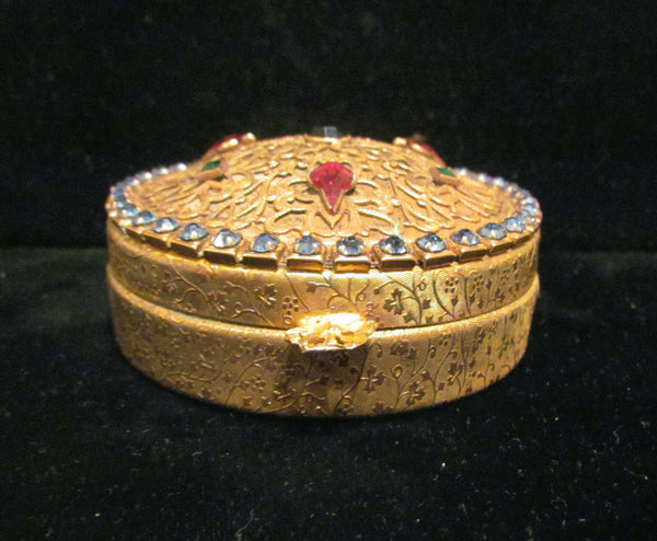1800's French Ormolu Jeweled Powder Box Vanity Powder Jar Large Compact With Puff