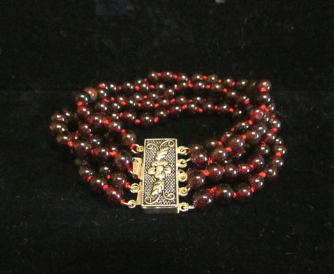 5 Strand Garnet Sterling Silver Bracelet 925 Silver Floral Clasp OOAK Handmade